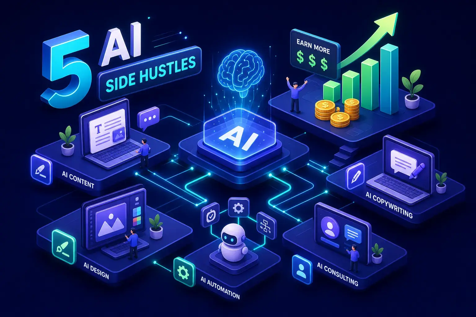 Isometric illustration of five AI side hustles — content, copywriting, design, automation, and consulting — connected to a central AI hub with a revenue chart