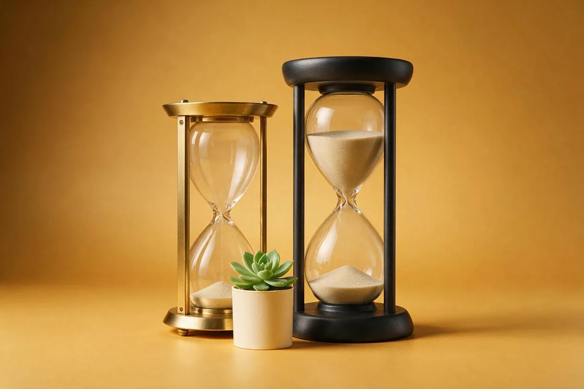 Illustration for "The 5-minute Claude skill that saves me 3 hours a week": A brass hourglass with almost no sand left beside a tall matte-black hourglass full to the top.