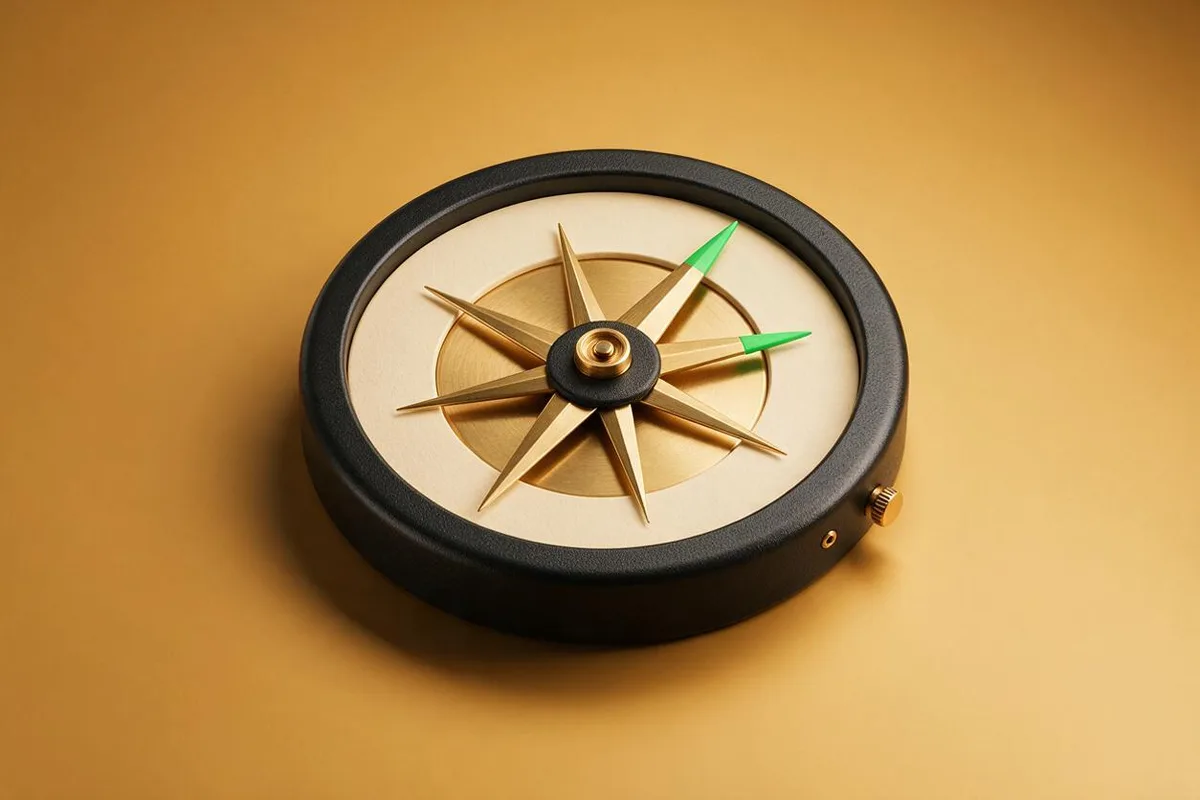 Illustration for "The 7 psychographic dimensions every founder should map for their ICP": A brass compass with seven needles pointing in seven directions set into a matte-black disc.