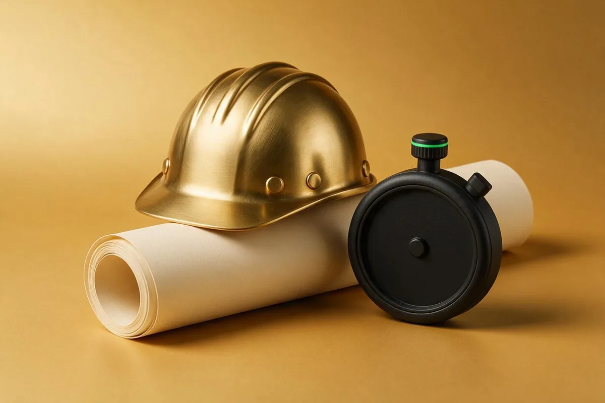 Illustration for "AI is killing the 2-hour devis in French construction: 7 startups changing the game": A brass hard hat resting on a rolled cream blueprint, a matte-black stopwatch beside it.