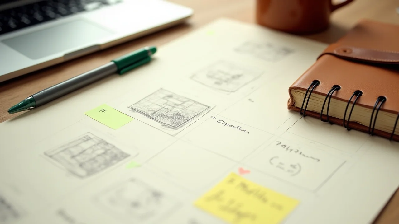 Generated images printed on cream paper, prompt notes in margin