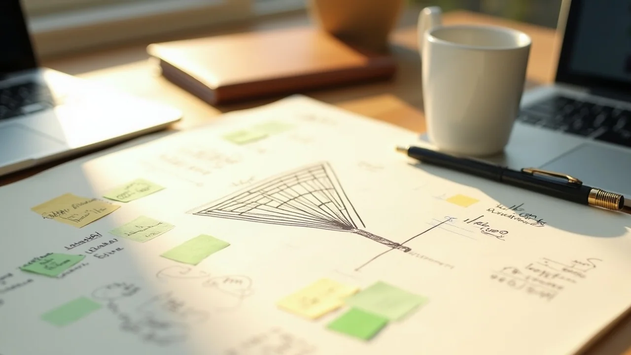 Outbound funnel sketched on cream paper, laptop showing CRM
