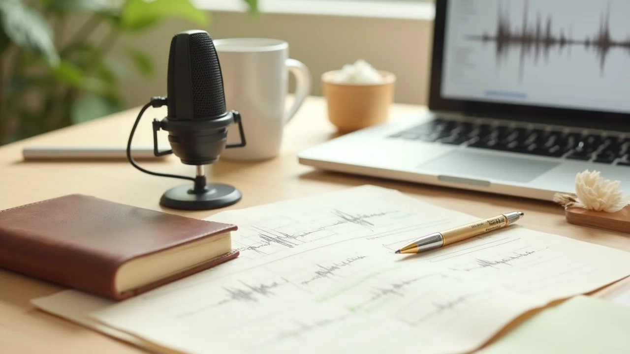 Microphone + laptop showing voice cloning interface, handwritten waveform