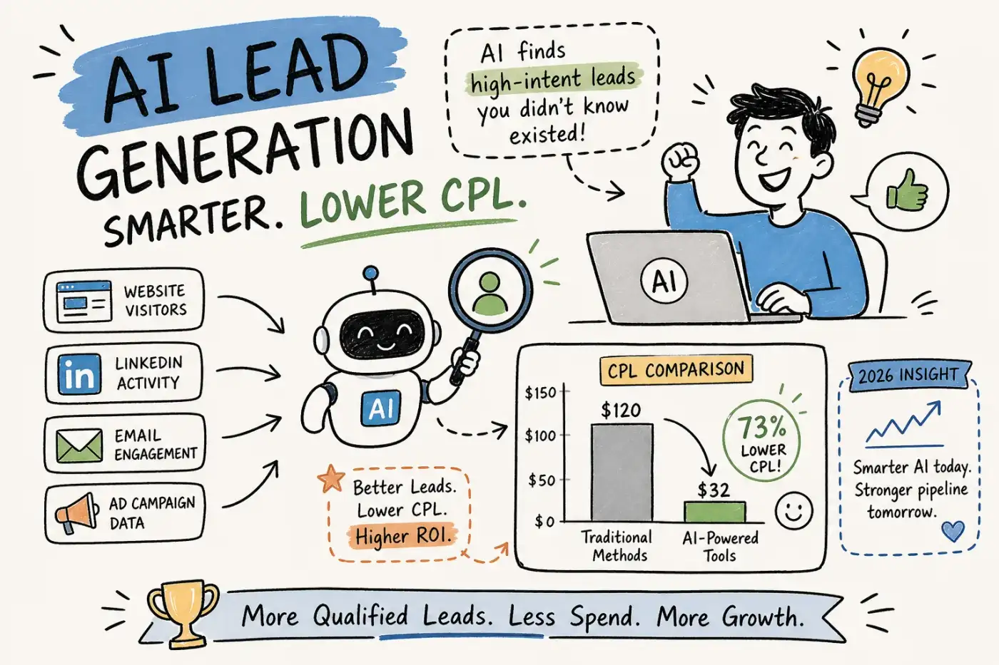 Hand-drawn infographic of AI lead generation: data sources feeding an AI robot, a CPL comparison chart showing $120 traditional vs $32 AI-powered, 73% lower CPL