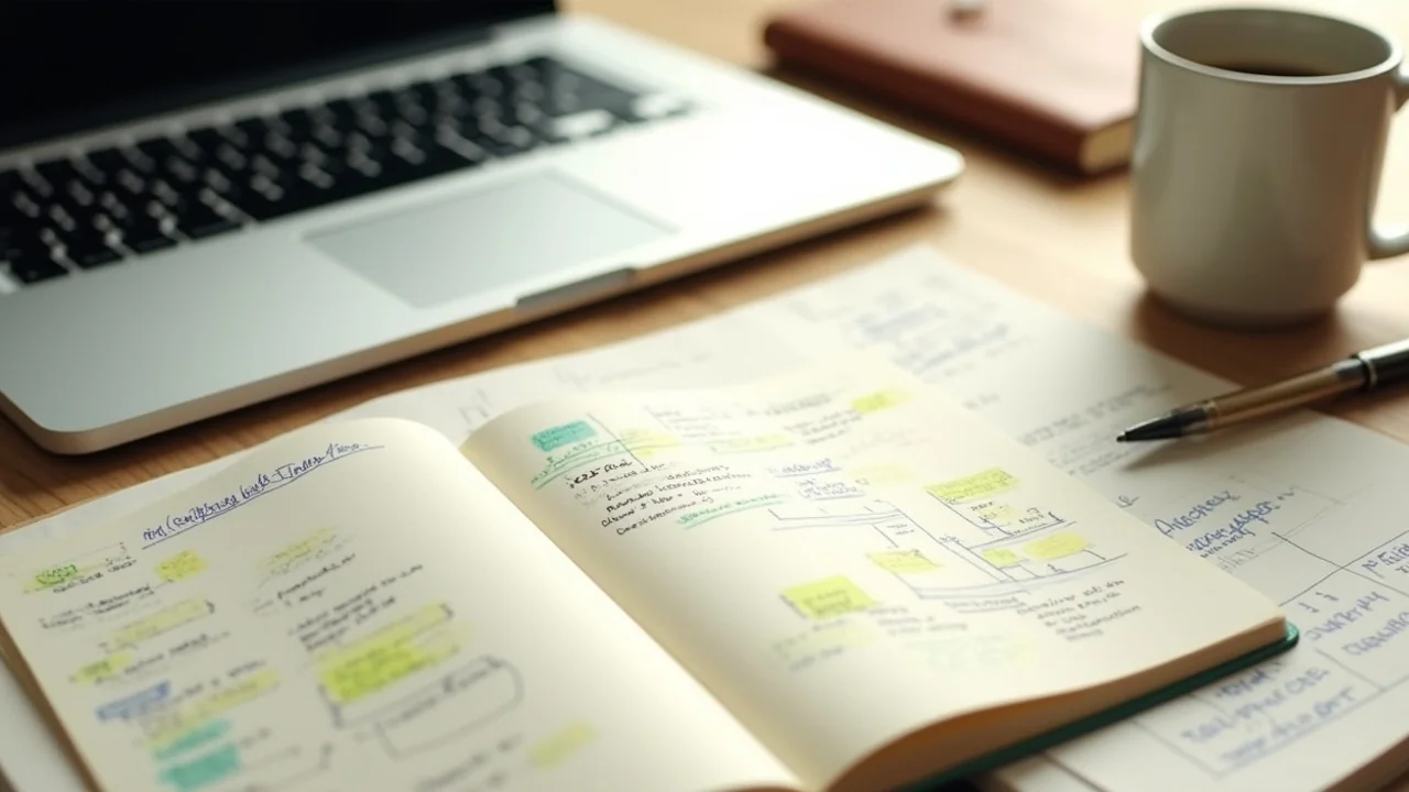 MCP server code on laptop, architecture diagram in notebook