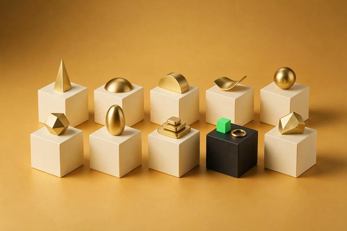 Illustration for "10 best Claude AI uses for business in 2026": Ten small cream cubes in two rows, each with a different brass symbol-free shape on top.
