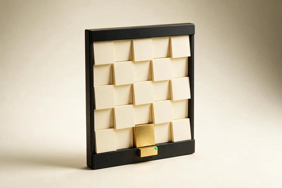 Illustration for "Claude Code: a $500K founder's first 30 days": A cream wall calendar sculpture with thirty tiles, the last tile in brass.