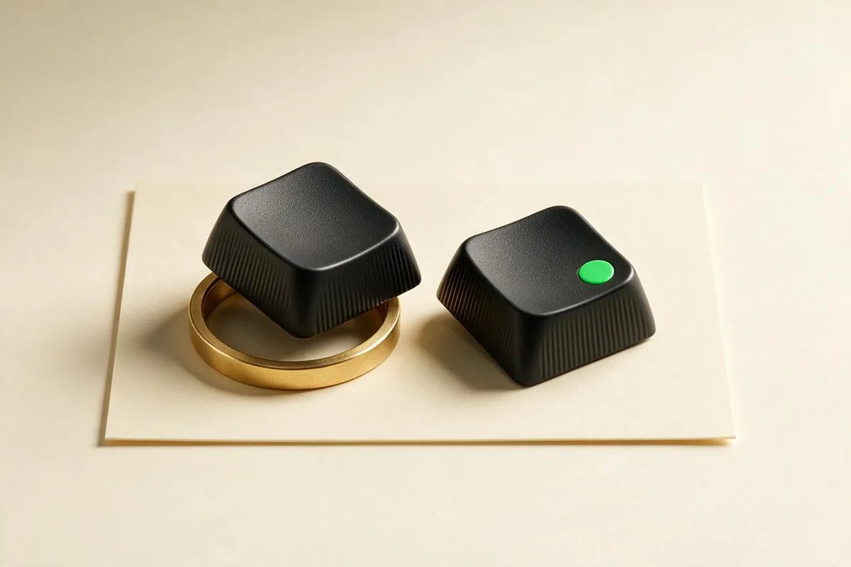 Illustration for "Claude Code vs Cursor 2026: full comparison": Two matte-black keycaps facing off on a cream card, a brass ring under the left one.