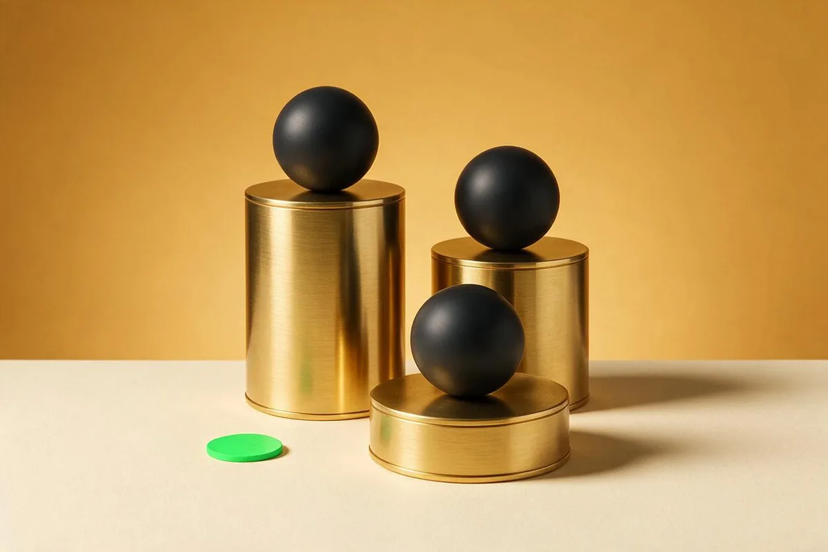 Illustration for "Claude vs Gemini vs ChatGPT: which LLM for founders in 2026?": Three matte-black spheres on a brass podium of three heights.