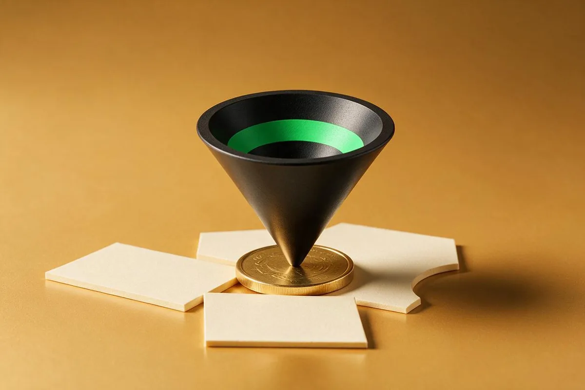Illustration for "Cost Per Customer Acquisition: What the Number Means": A single brass coin balanced on the tip of a matte-black funnel.