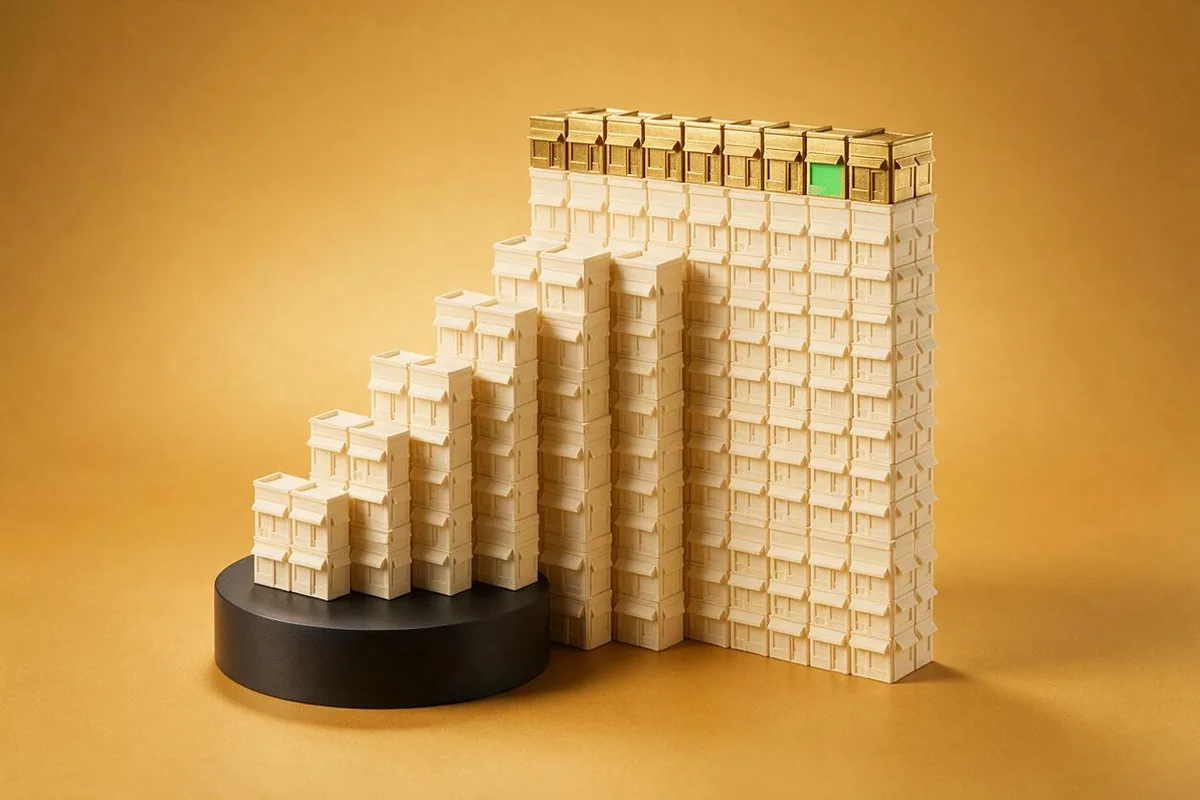 Illustration for "Facebook ROAS Benchmark: What 35000 Brands Show": Thousands of tiny cream paper storefronts arranged into a rising bar chart, the top storefront glowing brass.