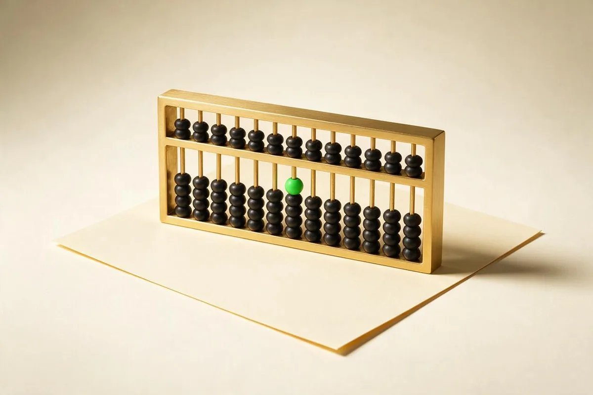 Illustration for "The honest math: $500K solo SaaS in 18 months": A brass abacus with matte-black beads, eighteen beads pushed to one side.