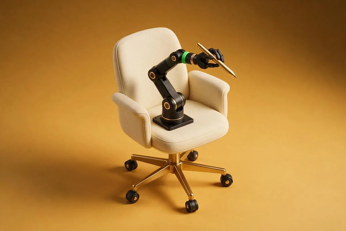 Illustration for "How agents replaced my VA (and what they still can't do)": A cream office chair with a small matte-black robot arm sitting in it holding a brass pen.