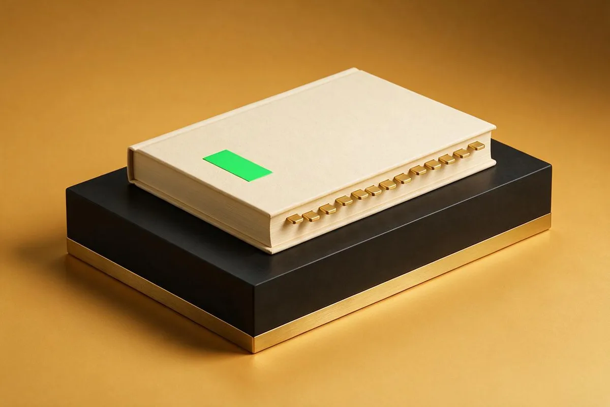 Illustration for "The 17-section ICP Bible framework I use to research a $500K niche": A thick cream book with seventeen brass tabs along its edge, lying on a matte-black slab.