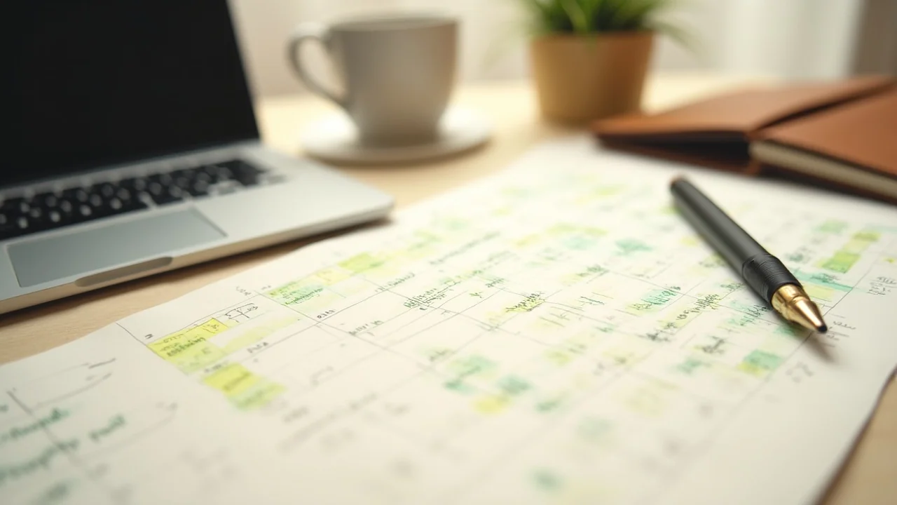 Printed monthly metrics chart on cream paper, handwritten annotations
