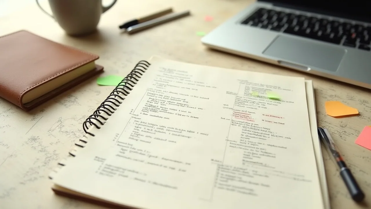 JSON-LD code on laptop screen, schema diagram sketched in notebook
