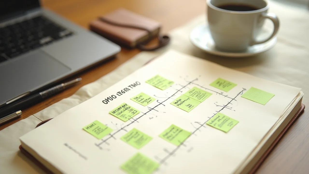 Notebook with 6-month timeline, milestones marked, coffee mug