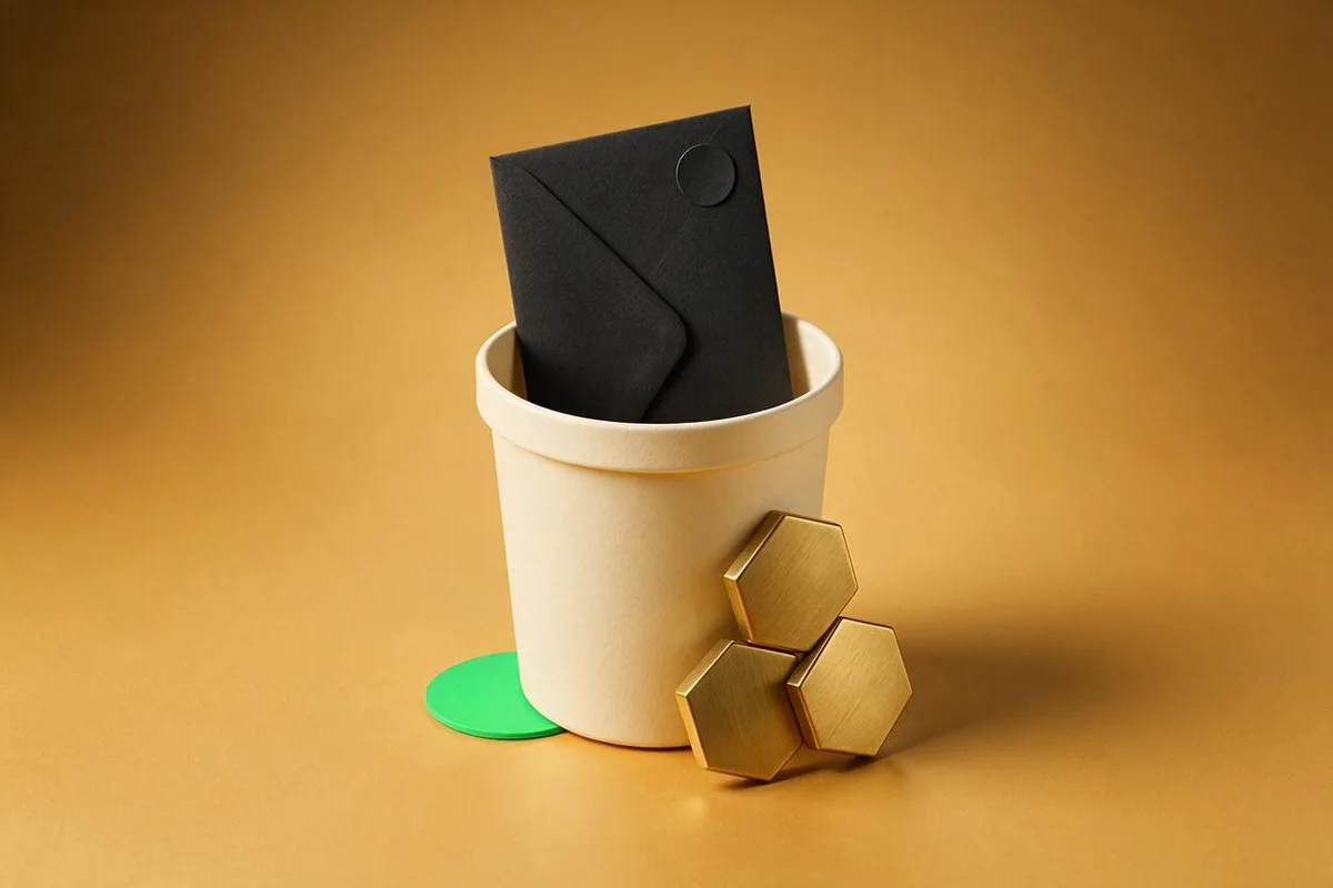 Illustration for "Why I deleted Substack for Beehiiv (after 3 months testing)": A matte-black envelope in a cream waste bin next to a brass honeycomb tile.