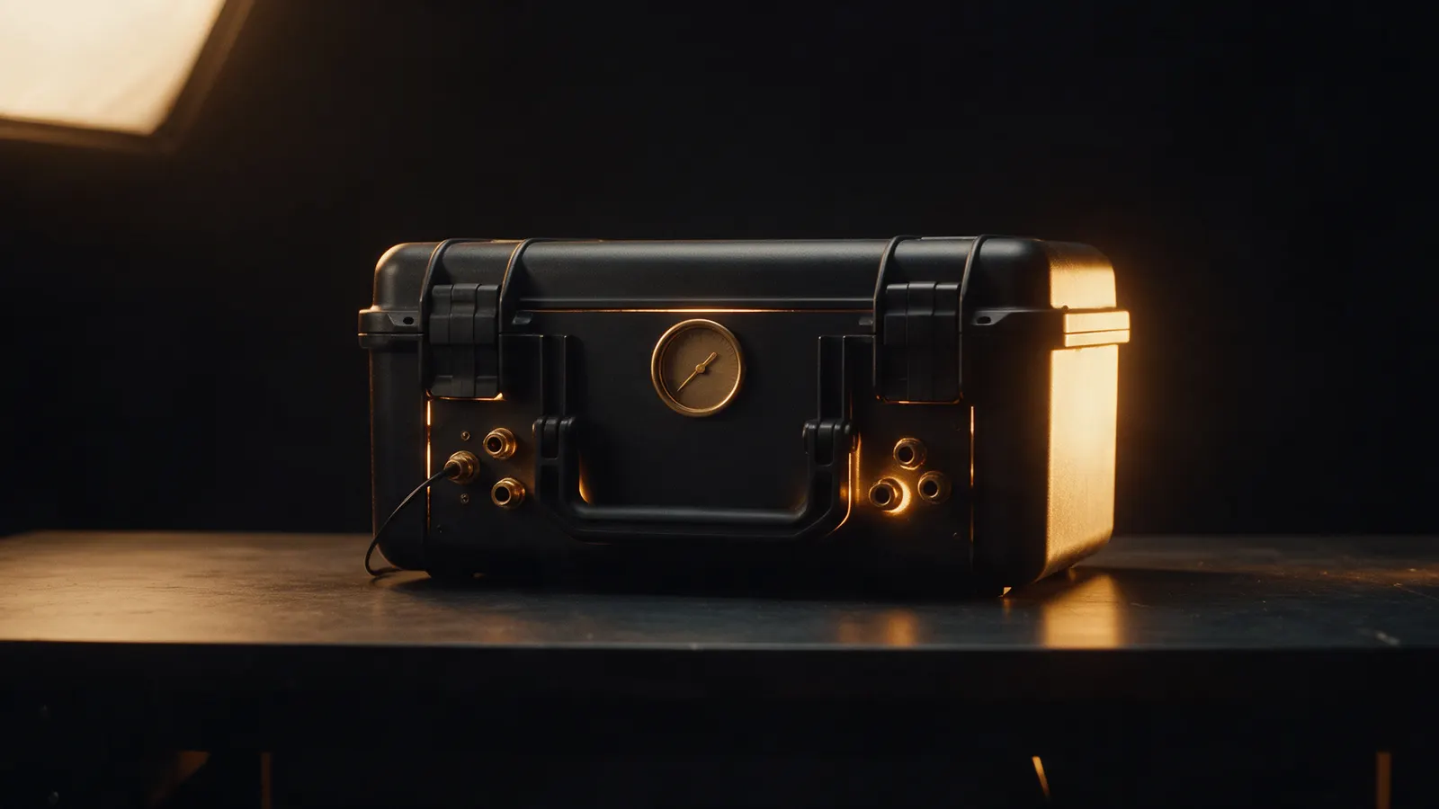 A sealed black machine with a brass gauge, glowing gold from inside