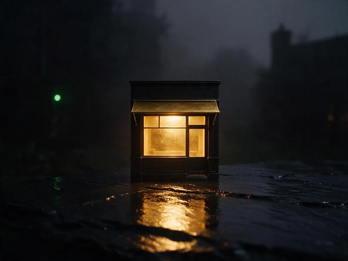 A small black shopfront model with a warm gold-lit window standing on wet black slate