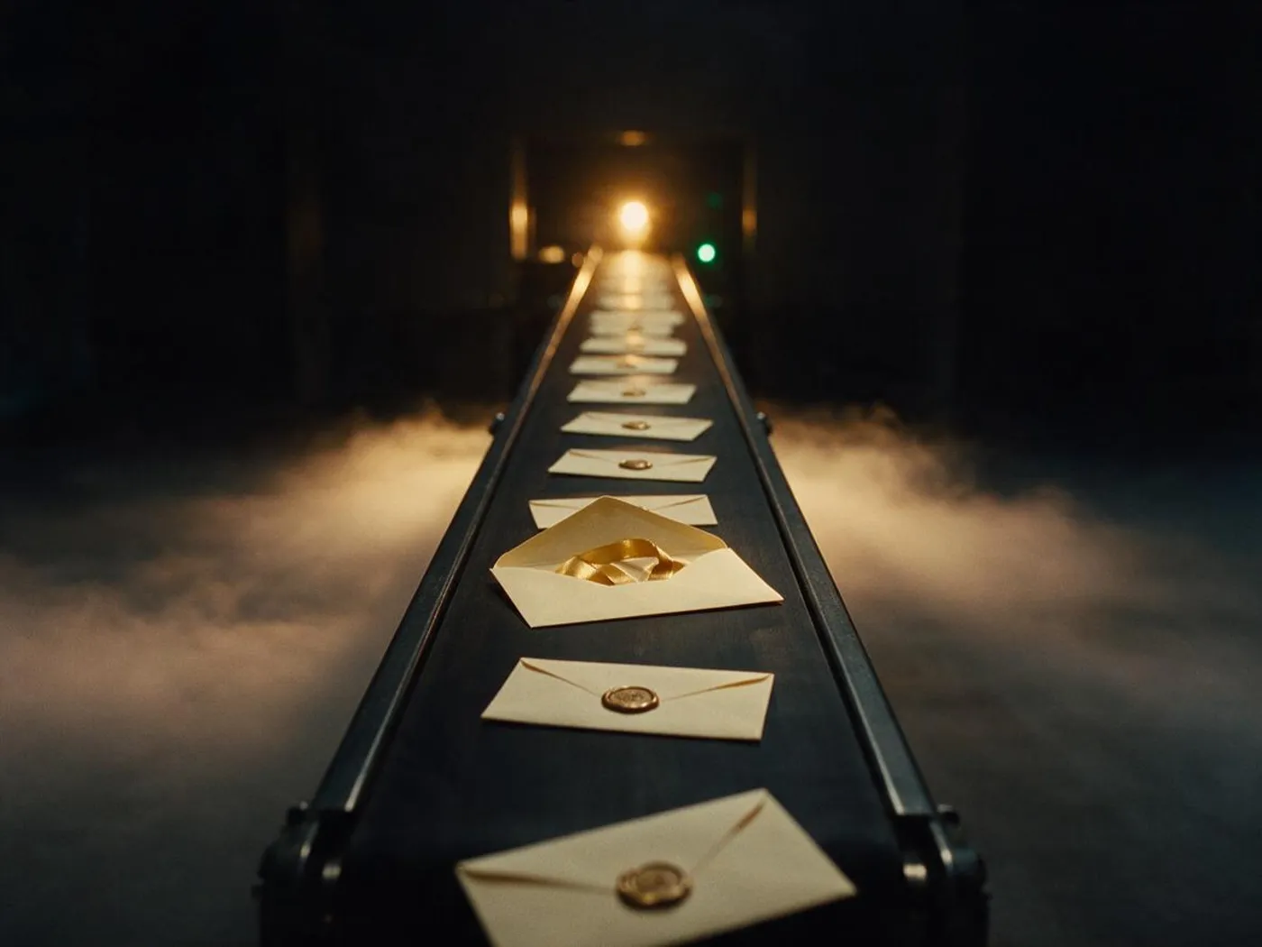 Cream envelopes with brass seals on a dark conveyor belt moving toward a warm light
