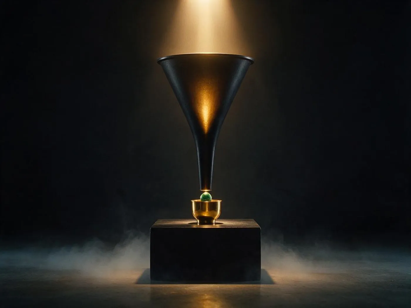 A tall black funnel sculpture with gold light pouring in and one green marble emerging into a brass cup