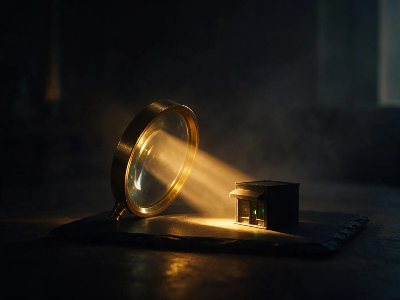 A brass magnifying glass standing on black slate, a gold beam of light landing on a small storefront