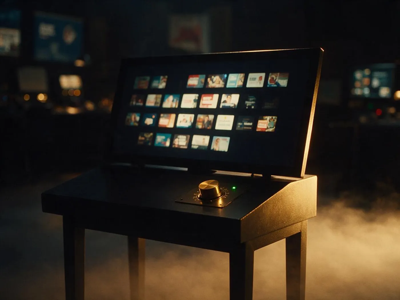 A dark control desk with a screen of glowing ad tiles and a brass dial turned high