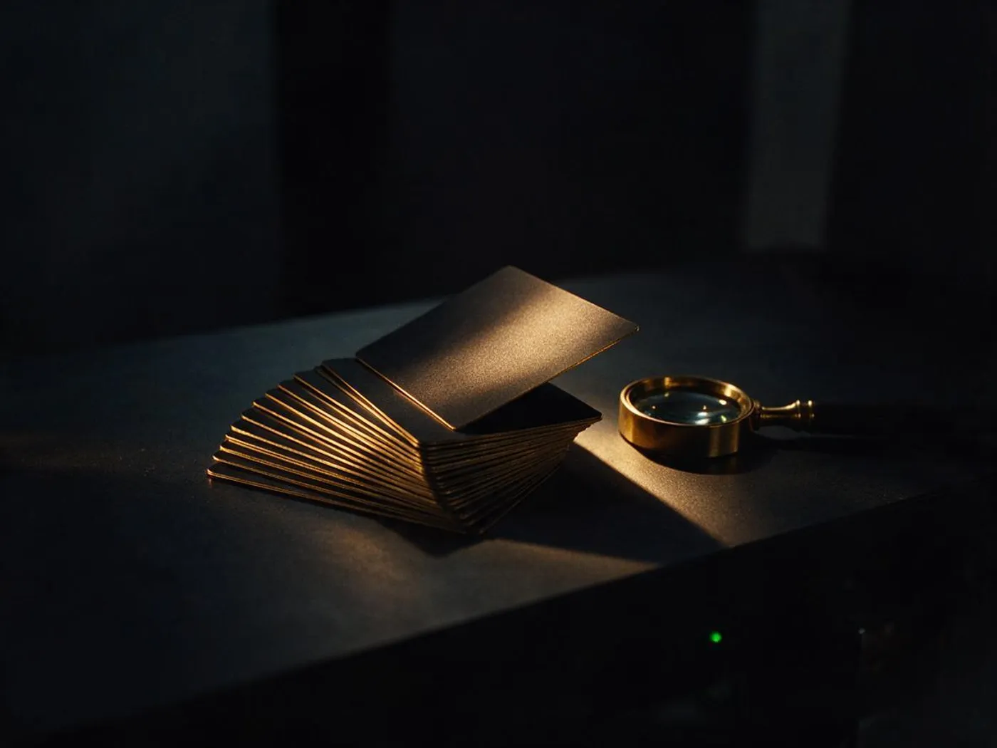 A fanned stack of black cards edged in gold, one card lifted into a warm spotlight