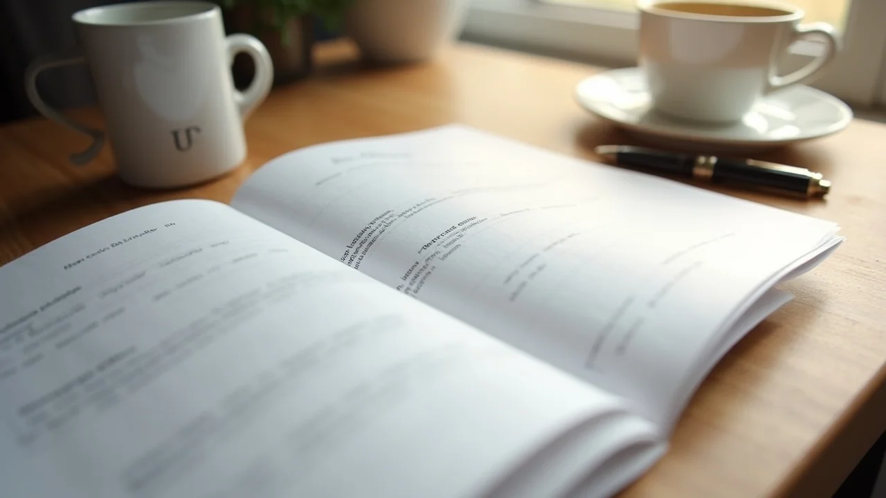 A printed PDF document open on a wooden desk beside a coffee mug and a fountain pen, soft natural light